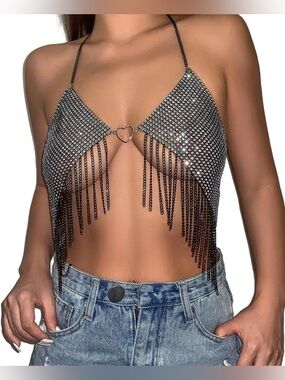 Women Sparkle Rhinestone Tassel Chain Crop Top Sexy Halter Backless Tank Tops